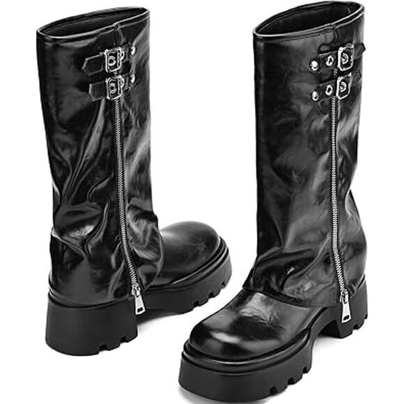 Teaieui Women Size 6.5 Black Faux Leather 2" Heel Mid Calf Buckle Zip Moto Boots - Picture 3 of 6